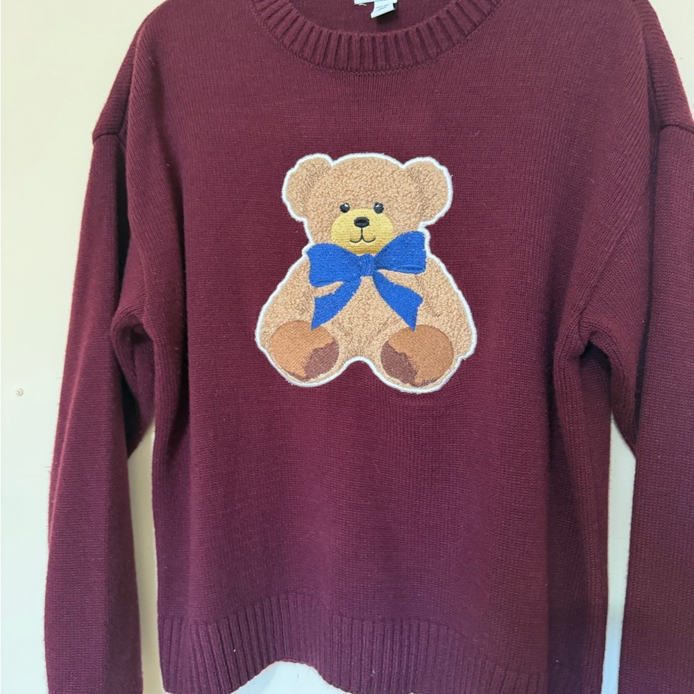 RSQ Burgundy Teddy Sweater with Blue Bow